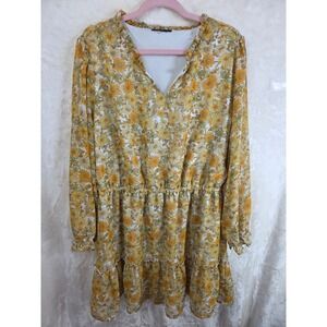 Robert Louis Yellow Floral V-Neck Long Sleeve Ruffle Tiered Mini Dress Womens